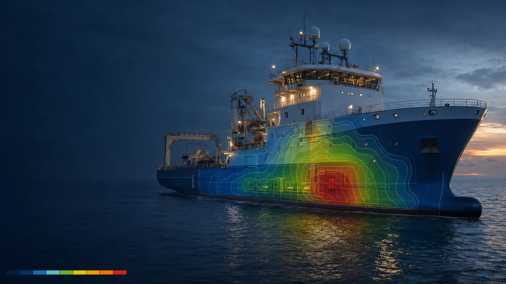 Commercial vessel with onboard noise monitoring contour analysis